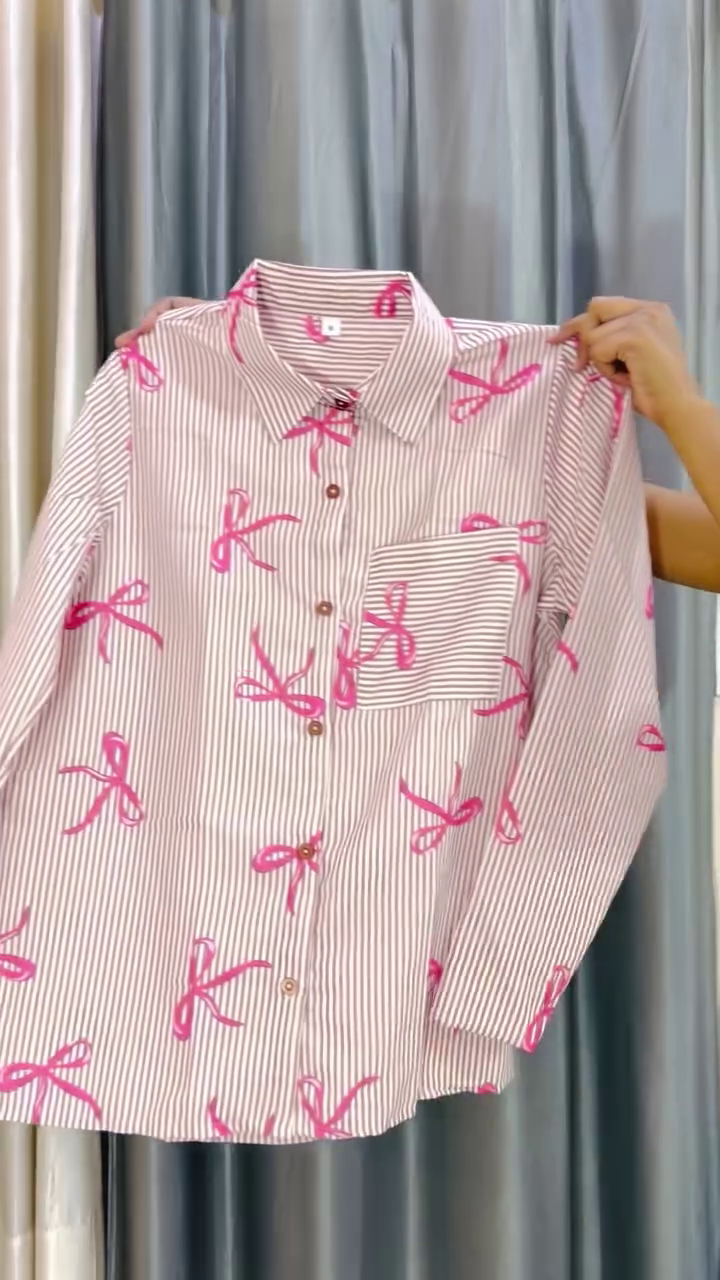🎀 Elegant Pink Ribbon Printed Striped Oversized Cotton Shirt for Women | Premium Full Sleeve Button-Down Casual Shirt | Trendy Everyday Office, College & Vacation Wear