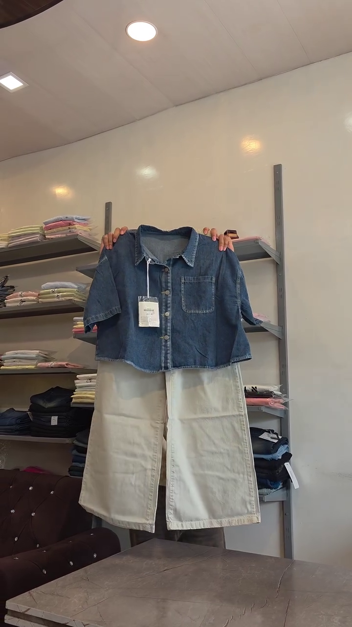 💙 Stylish Denim Cropped Shirt with Wide-Leg Contrast Denim Pants Co-Ord Set for Women | Premium Casual Two-Piece Fashion Outfit