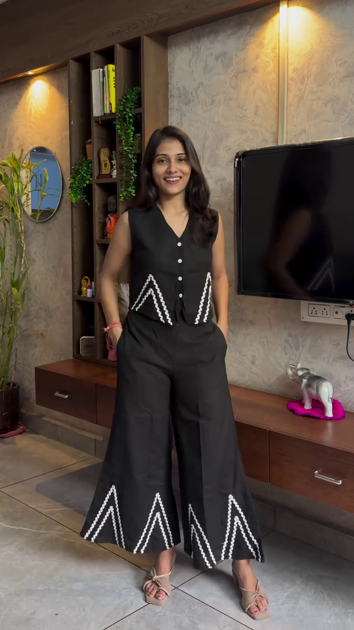 🖤 Elegant Sleeveless Embroidered Black Co-Ord Set for Women | Premium V-Neck Top & Wide-Leg Palazzo Pants | Stylish Casual, Party & Festive Wear