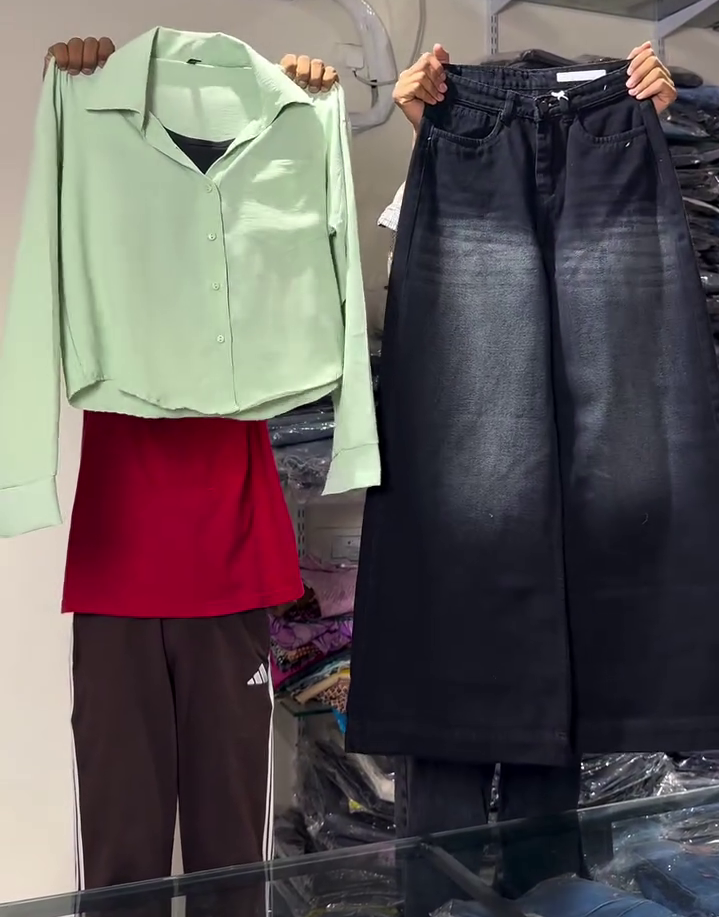 Premium Mint Green Button-Down Shirt with Black Wide-Leg Denim Jeans Co-Ord Set for Women | Casual Chic Everyday Fashion Outfit