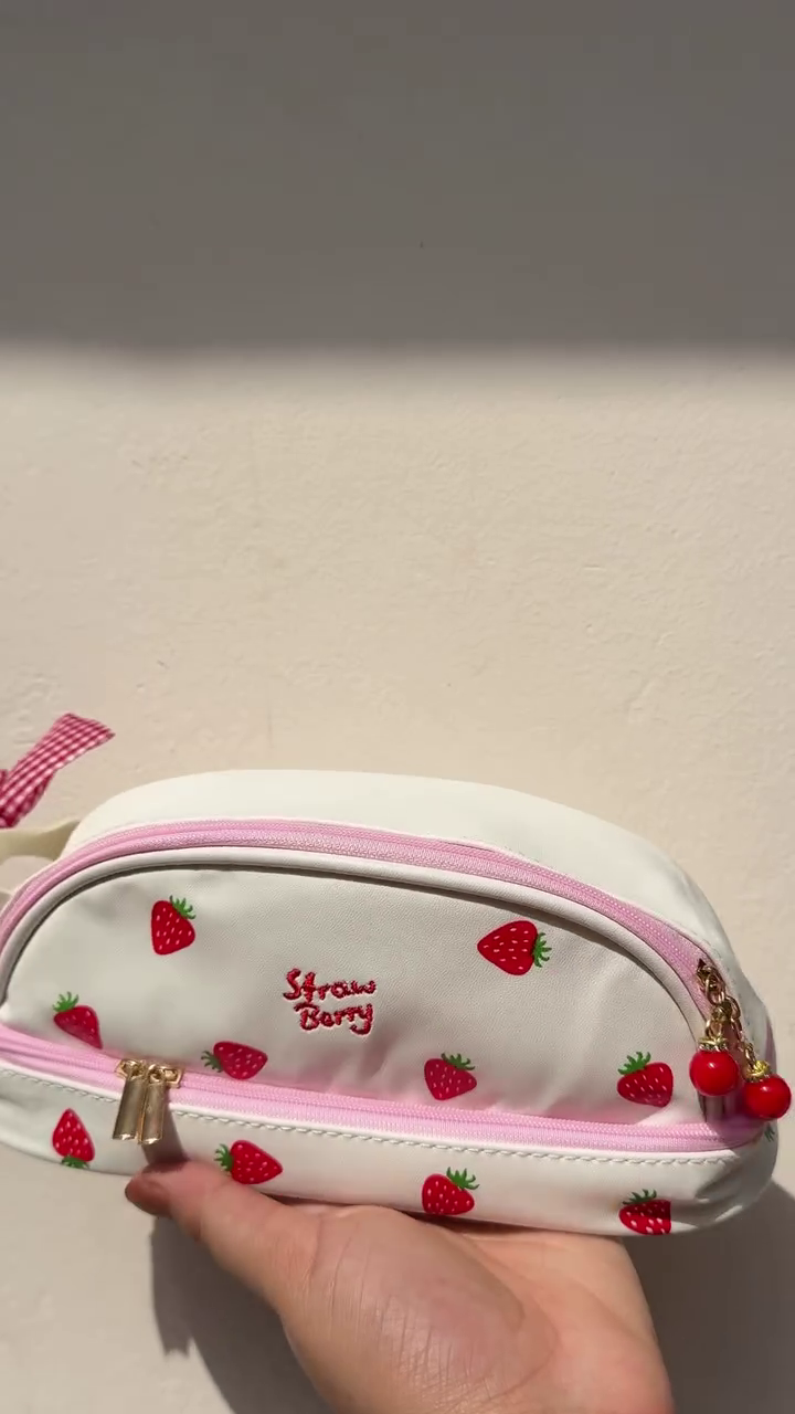 🍓 Premium Strawberry Print Cosmetic Makeup Pouch | Cute Travel Organizer Zip Bag | Multipurpose Toiletry & Stationery Storage Case