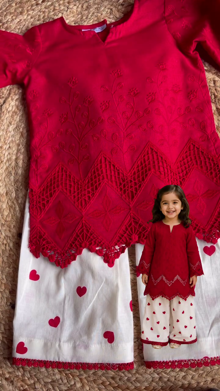 ❤️ Premium Girls' Embroidered Red Kurti with Heart Print Palazzo Set | Stylish Ethnic Co-Ord Outfit | Festive, Party & Traditional Wear