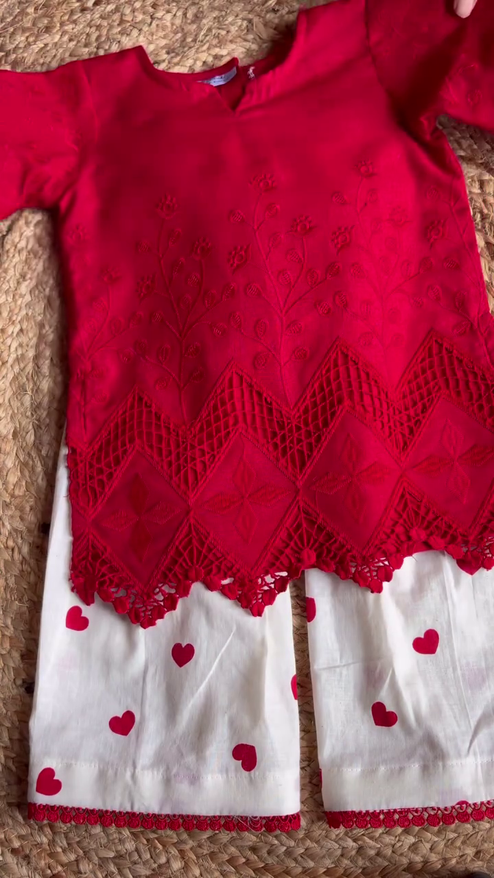 ❤️ Premium Girls' Embroidered Red Kurti with Heart Print Palazzo Set | Stylish Ethnic Co-Ord Outfit | Festive, Party & Traditional Wear