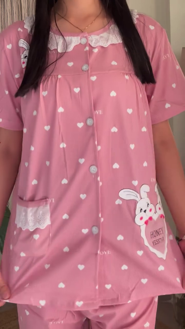 💖 Cute Bunny Print Cotton Night Suit Set for Women | Premium Half Sleeve Button-Down Sleepwear | Soft & Comfortable Lounge Wear