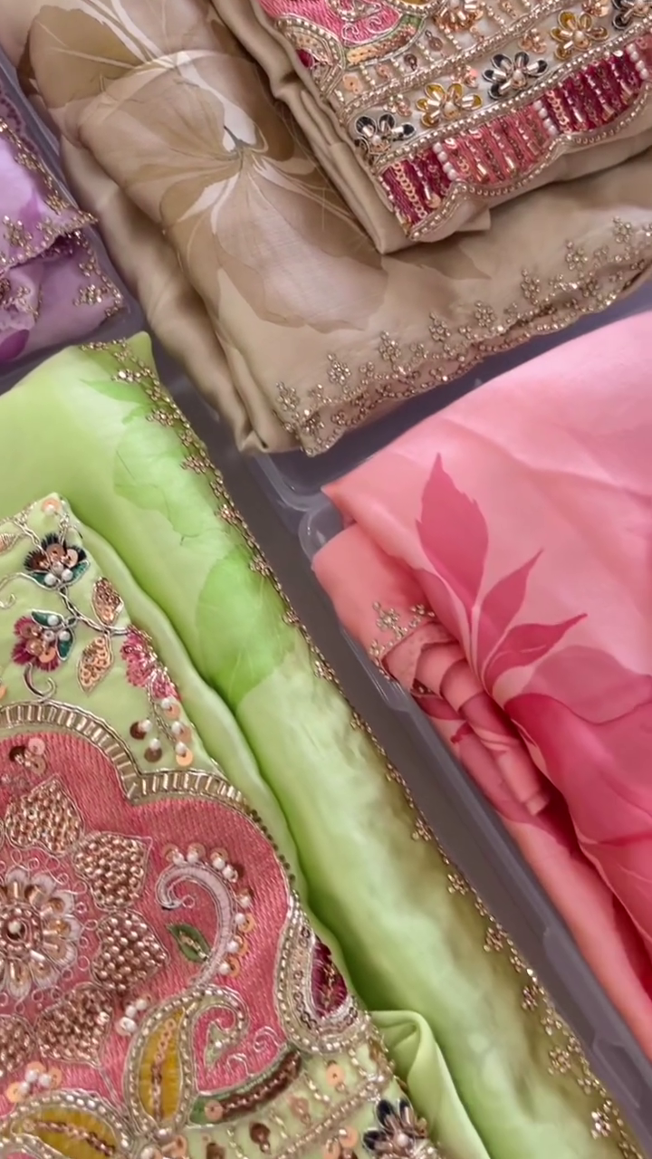 Luxury Pastel Floral Embroidered Party Wear Unstitched Dress Material Set with Designer Embellished Dupatta – Premium Festive & Wedding Collection 🌸✨💖🌿