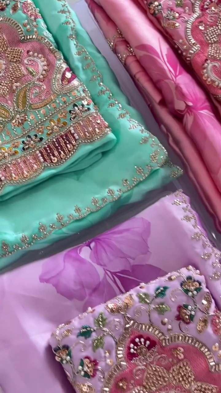 Luxury Pastel Floral Embroidered Party Wear Unstitched Dress Material Set with Designer Embellished Dupatta – Premium Festive & Wedding Collection 🌸✨💖🌿