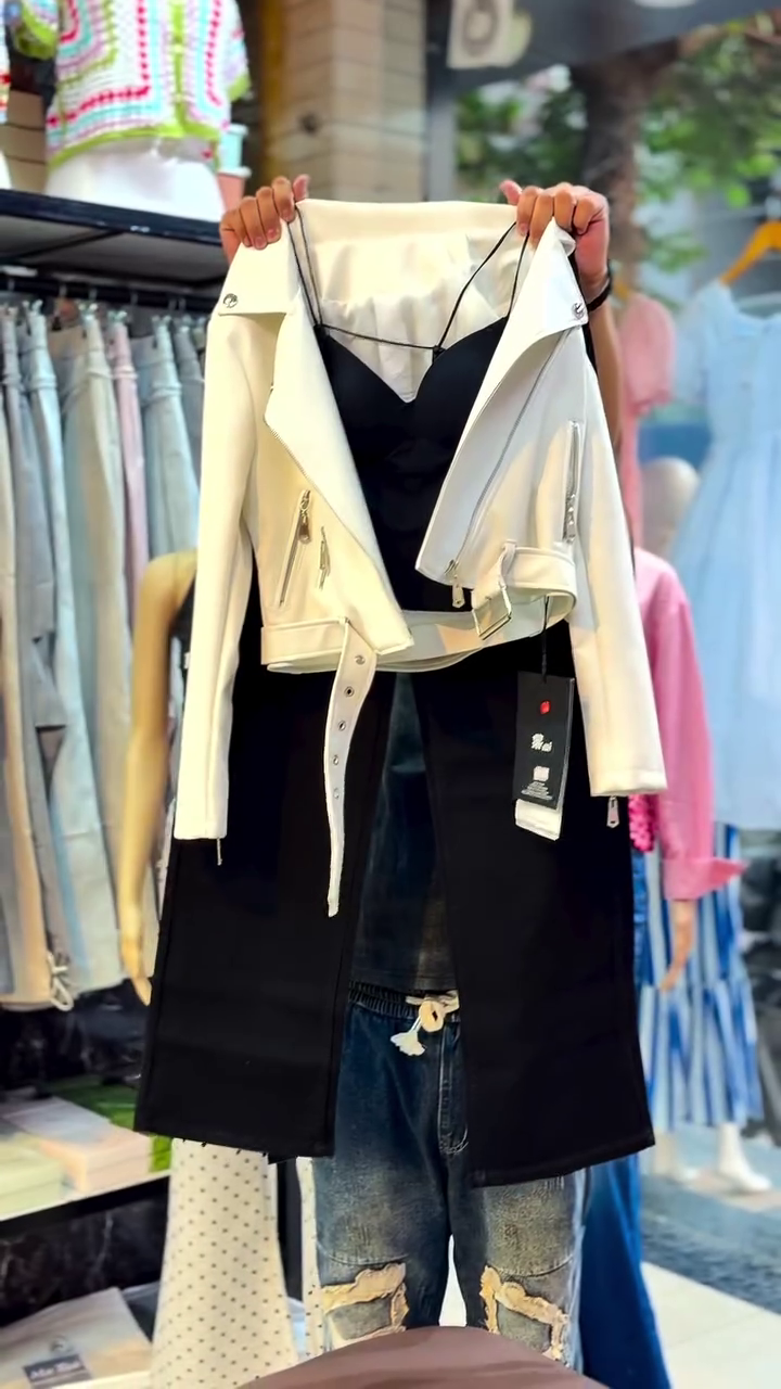 Luxury Women's 3-Piece Monochrome Co-Ord Set – Premium White Biker Jacket, Black Cami Top & High-Waist Wide Leg Trousers for Chic Everyday & Party Wear 🖤🤍✨👗