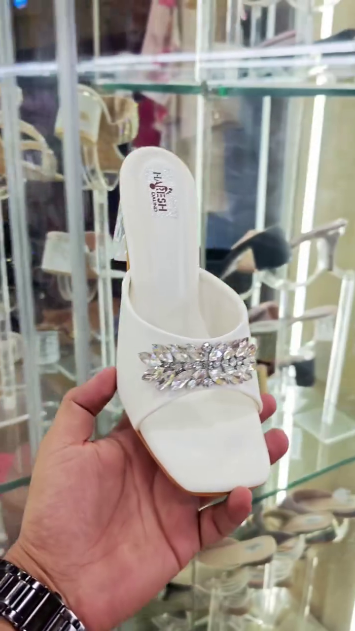 Women's Premium White Rhinestone Embellished Block Heel Slide Sandals – Elegant Open Toe Party & Wedding Slip-On Heels