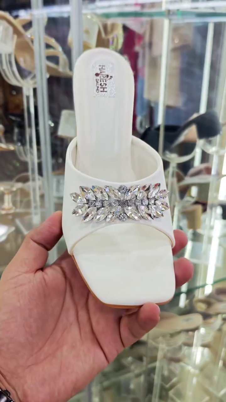 Women's Premium White Rhinestone Embellished Block Heel Slide Sandals – Elegant Open Toe Party & Wedding Slip-On Heels