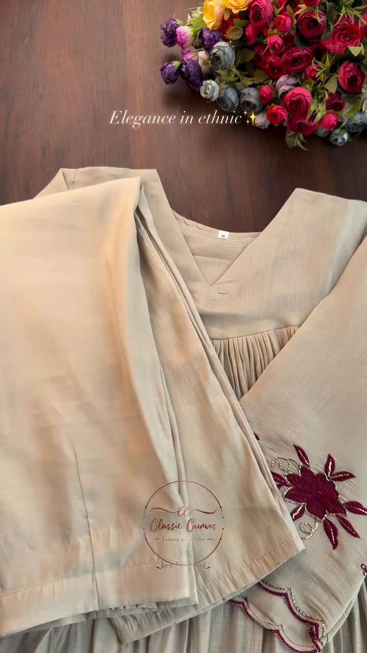 🌸 Premium Elegant Embroidered Ethnic Kurta Set for Women | Designer V-Neck Pleated Traditional Wear with Beautiful Embroidered Dupatta ✨🤍