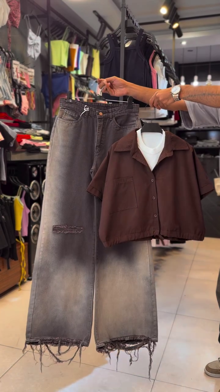 🤎 Elegant Relaxed Fit Cropped Shirt with Premium Washed Denim Bermuda Shorts Co-Ord Set for Women