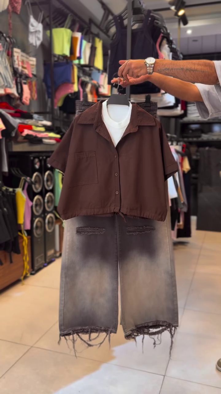 🤎 Elegant Relaxed Fit Cropped Shirt with Premium Washed Denim Bermuda Shorts Co-Ord Set for Women