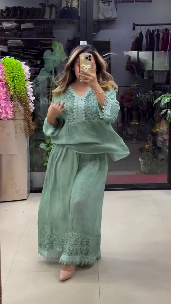 🌿 Elegant Sage Green Lace Co-Ord Set for Women | Premium Embroidered Top & Wide-Leg Palazzo Set