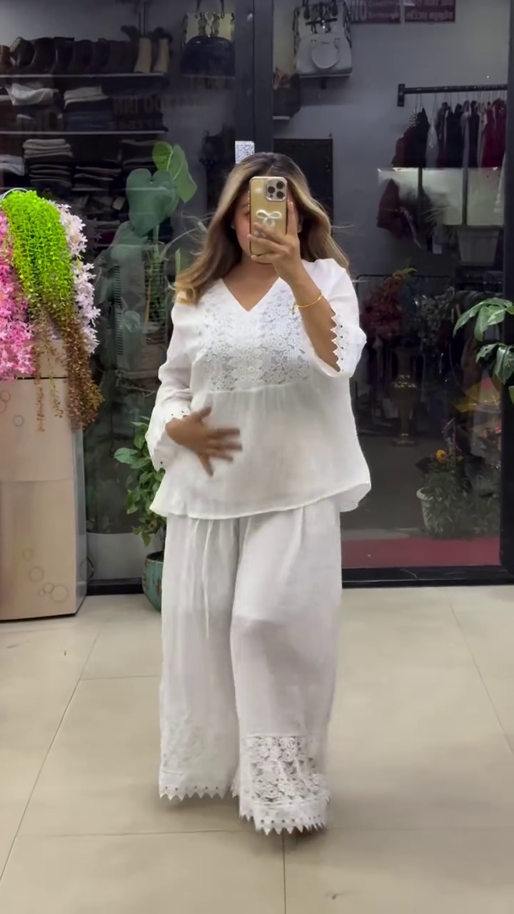 🌿 Elegant Sage Green Lace Co-Ord Set for Women | Premium Embroidered Top & Wide-Leg Palazzo Set