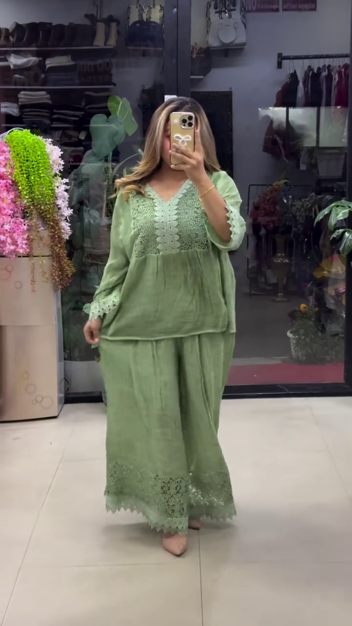 🌿 Elegant Sage Green Lace Co-Ord Set for Women | Premium Embroidered Top & Wide-Leg Palazzo Set