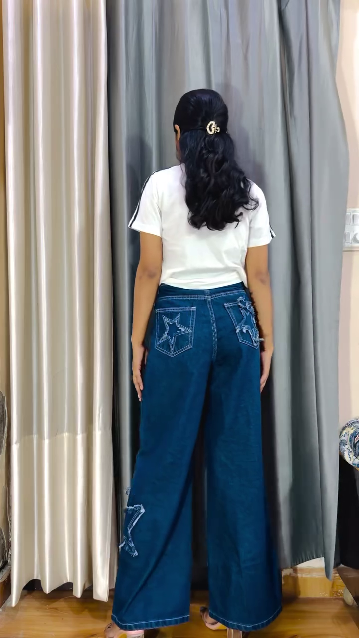 👖 Butterfly Patch Wide-Leg Denim Jeans for Women | Trendy High-Waist Casual Jeans