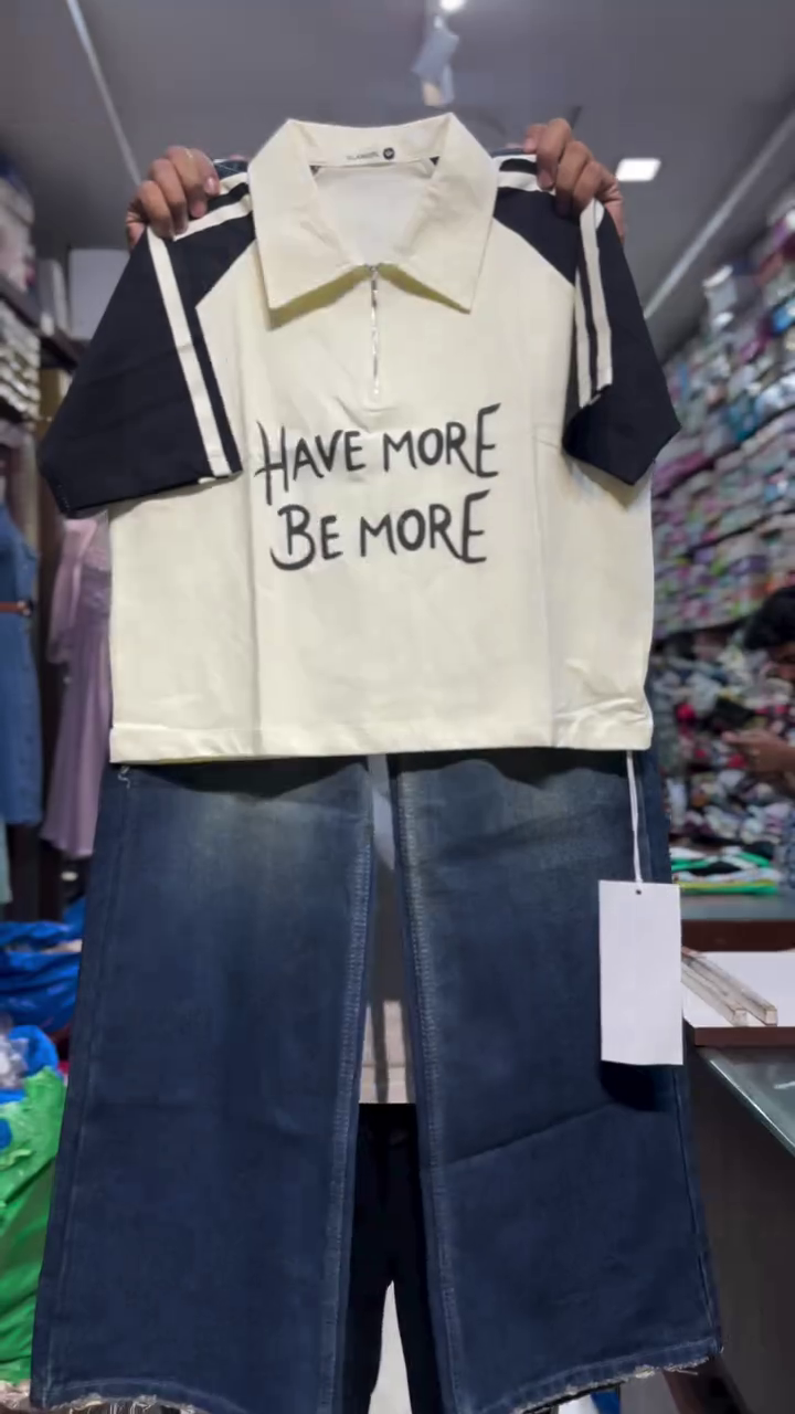 👕 Premium Half-Zip Polo Collar Graphic T-Shirt with Wide-Leg Denim Jeans Co-Ord Set for Women | Casual Street Style Everyday Fashion Outfit