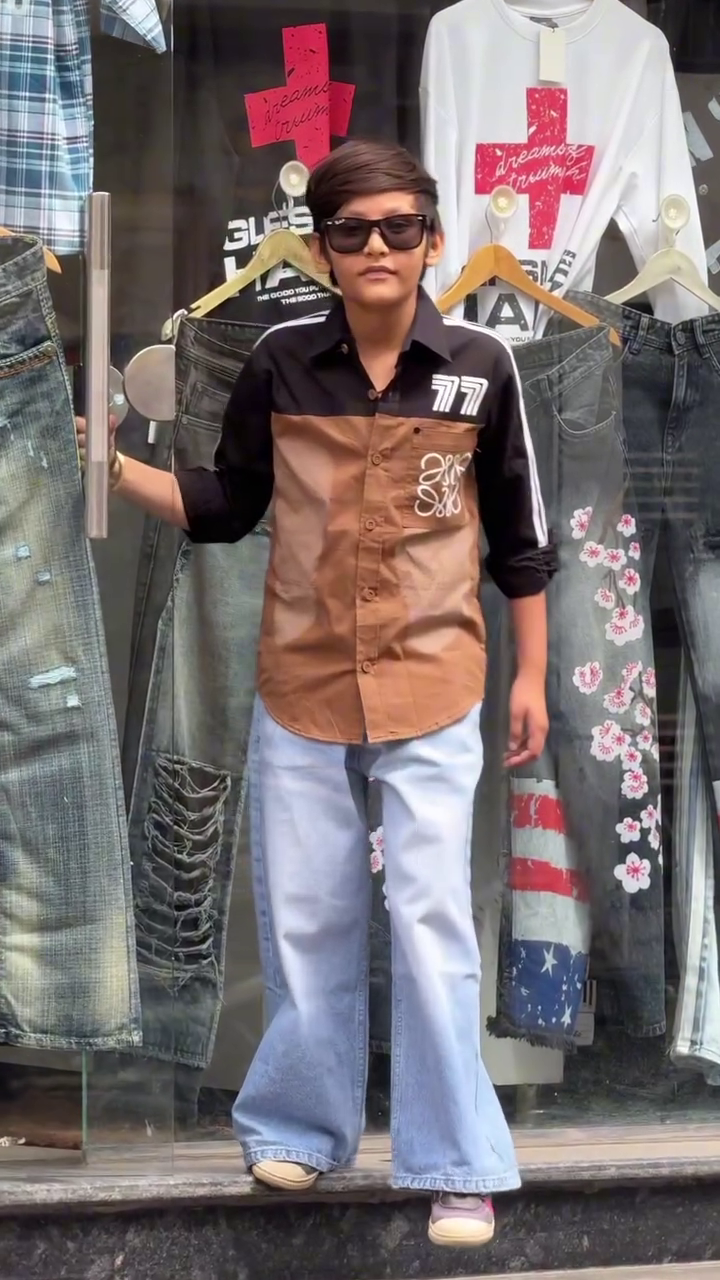😎 Premium Boys' Colour Block Casual Cotton Shirt with Wide-Leg Denim Jeans | Trendy Smart Casual Outfit Set
