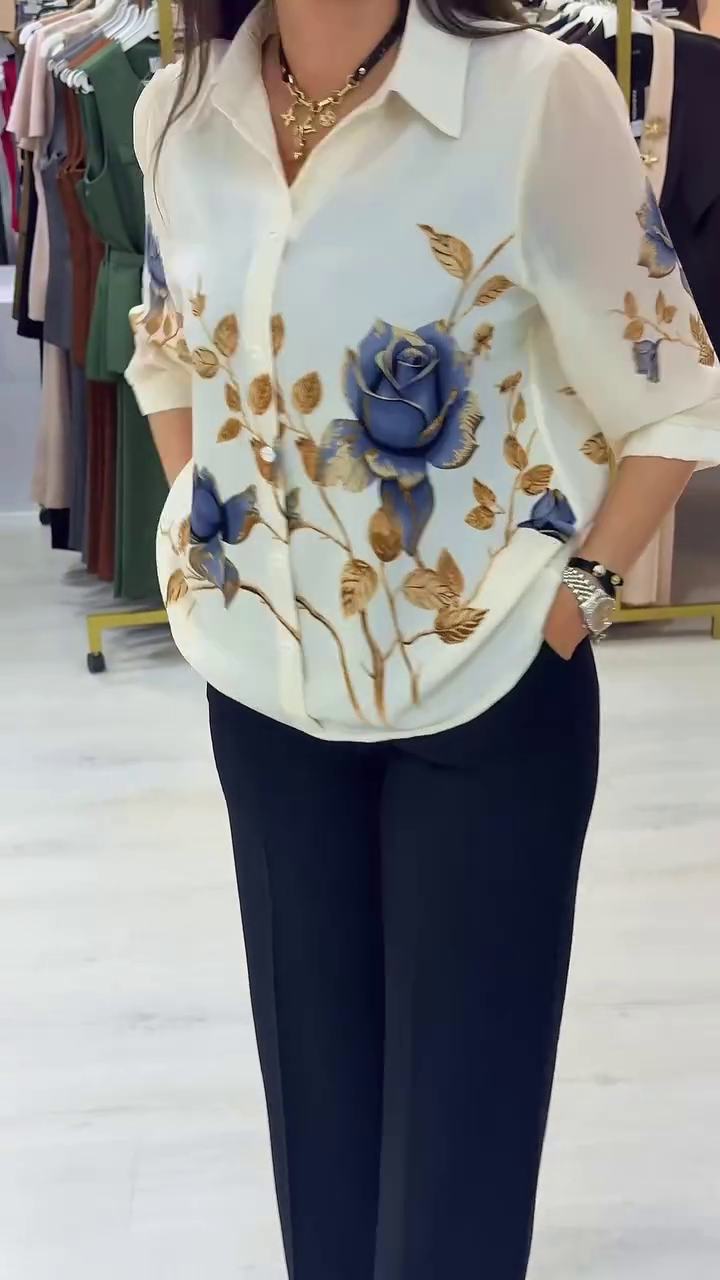 🌹 Premium Elegant Blue Floral Printed Button-Down Women's Shirt | Soft Casual Office, Party & Everyday Fashion Top