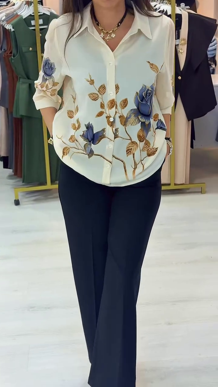 🌹 Premium Elegant Blue Floral Printed Button-Down Women's Shirt | Soft Casual Office, Party & Everyday Fashion Top