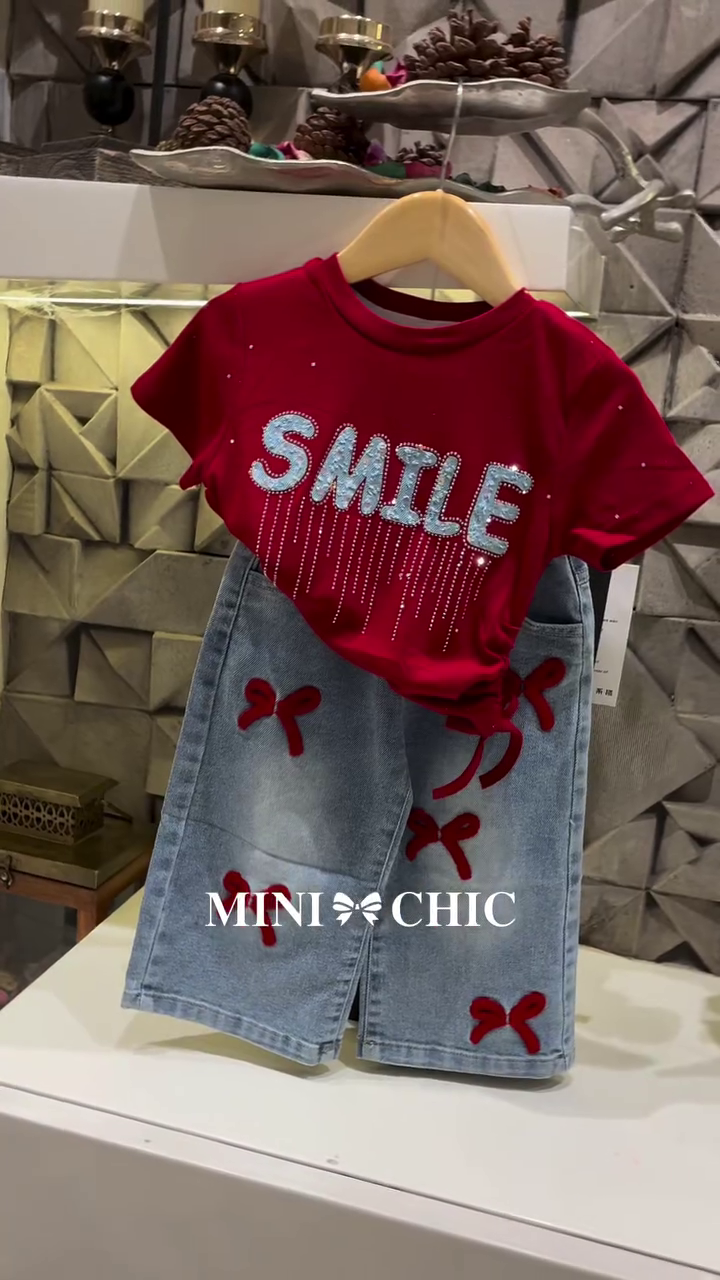 🎀 Premium Girls' Smile Graphic Top with Bow Embroidered Wide-Leg Denim Jeans Co-Ord Outfit Set | Stylish Kids Casual Fashion Wear