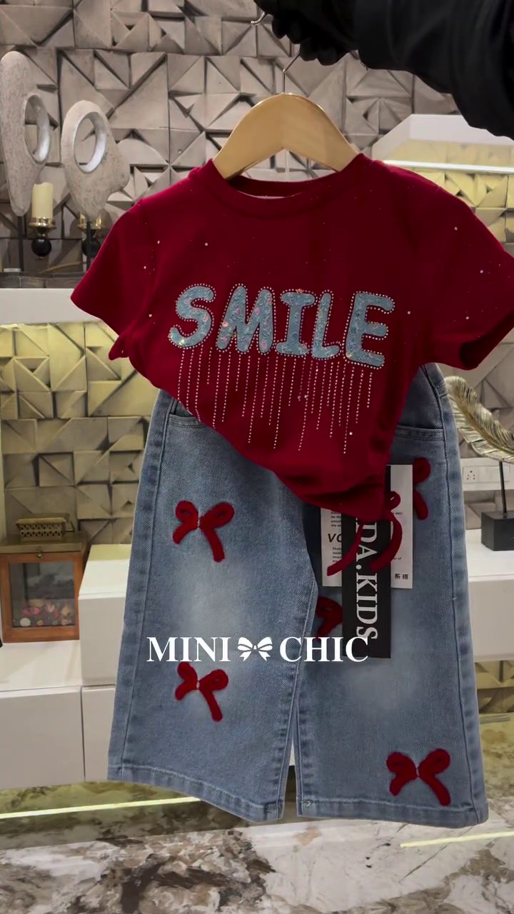 🎀 Premium Girls' Smile Graphic Top with Bow Embroidered Wide-Leg Denim Jeans Co-Ord Outfit Set | Stylish Kids Casual Fashion Wear