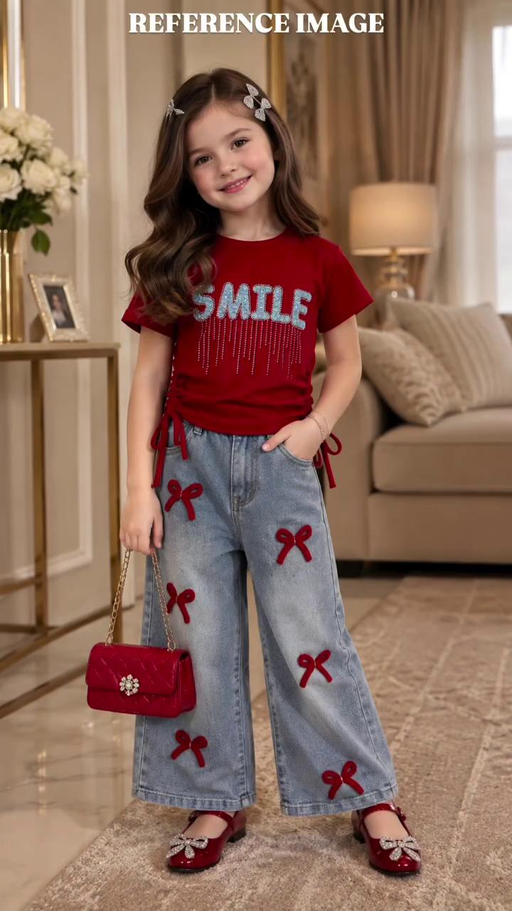 🎀 Premium Girls' Smile Graphic Top with Bow Embroidered Wide-Leg Denim Jeans Co-Ord Outfit Set | Stylish Kids Casual Fashion Wear