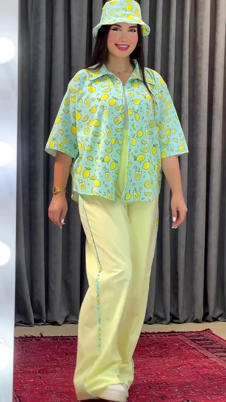 Sunny Citrus Print Co-Ord Set with Bucket Hat | Oversized Lemon Shirt & Relaxed Wide-Leg Pants Summer Outfit 🍋☀️