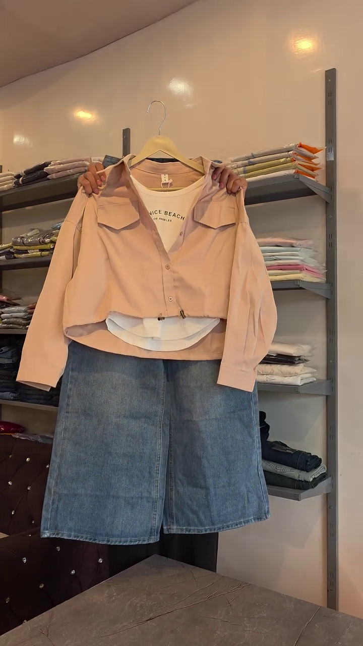 🌸 Layered Cropped Button-Up Shirt with Inner Tee & Denim A-Line Midi Skirt Casual Chic Outfit Set 🌸👖
