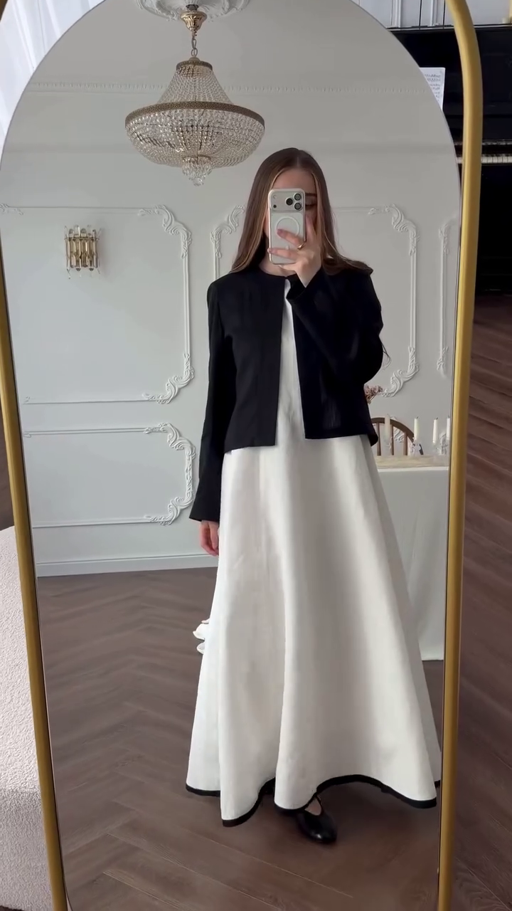 ✨ Premium Elegant Black Cropped Jacket with White Flared Maxi Dress | Korean Minimal Party Wear | Luxury Women's Outfit