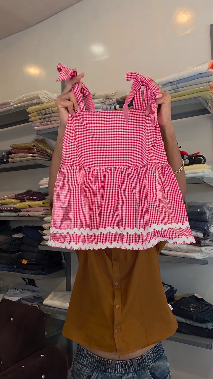 ✨ Cute Pink Gingham Tie-Shoulder Peplum Top with Wide Leg Denim Jeans Co-Ord Set | Korean Fashion Collection