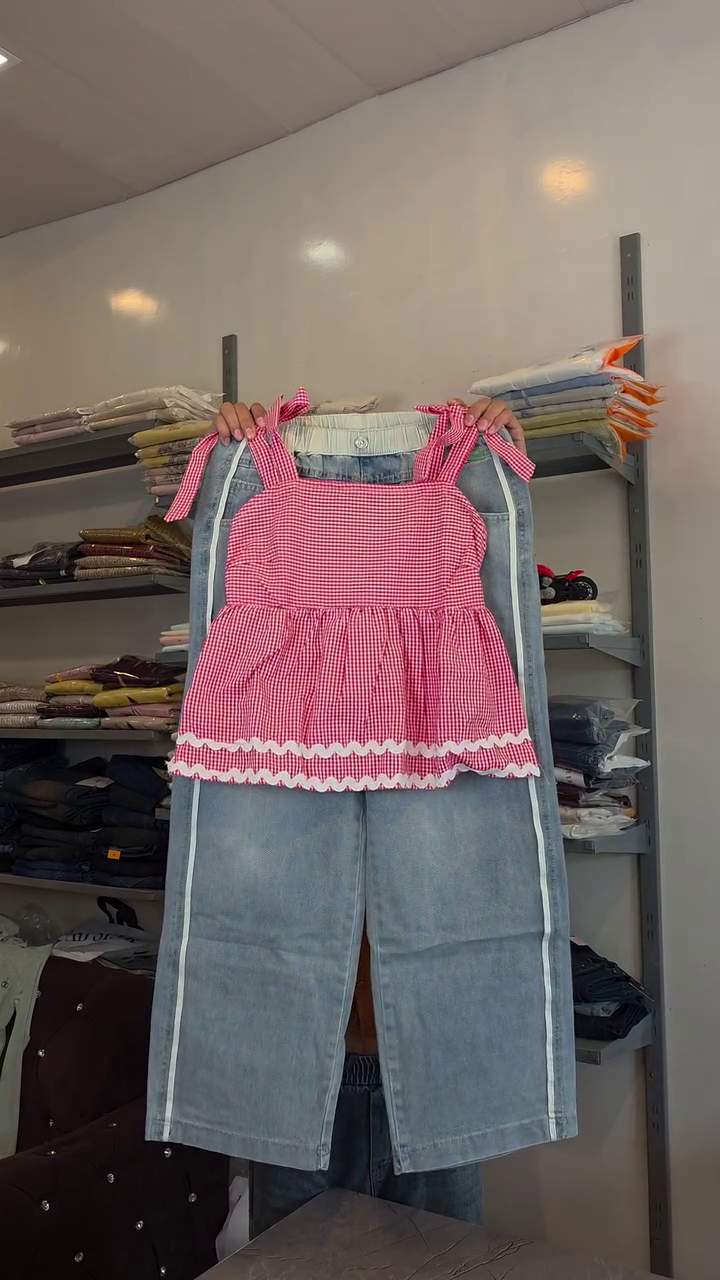 ✨ Cute Pink Gingham Tie-Shoulder Peplum Top with Wide Leg Denim Jeans Co-Ord Set | Korean Fashion Collection