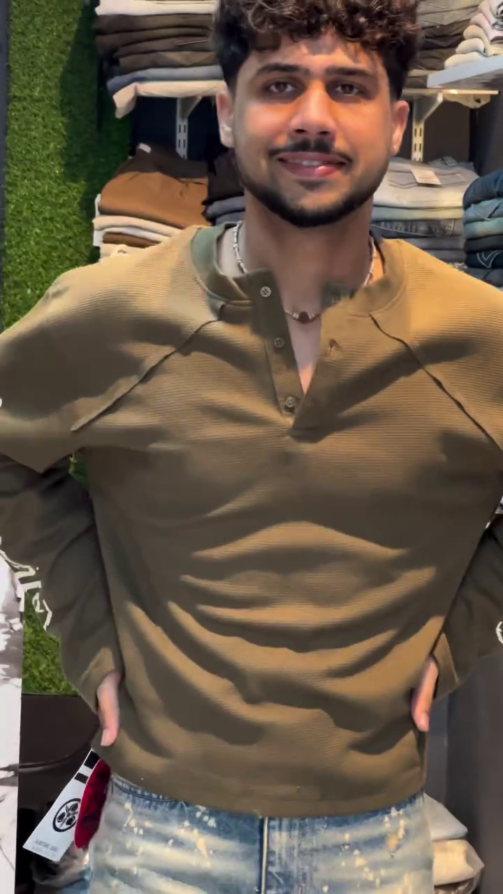 ✨ Premium Olive Green Waffle Knit Full Sleeve Henley T-Shirt for Men | Casual Slim Fit Cotton Blend Tee | Stylish Everyday Wear Collection