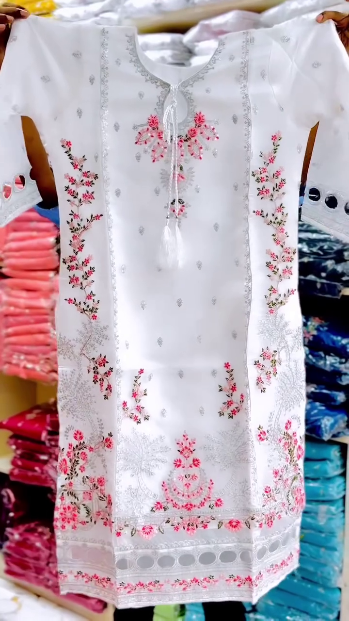 Elegant White Floral Embroidered Designer Kurti with Pink Blossom Detailing, Silver Thread Work, Decorative Neckline & Premium Ethnic Finish for Women ✨🌸