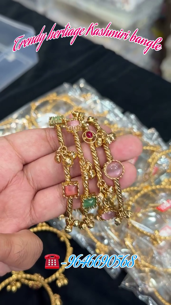 Elegant Heritage-Inspired Kashmiri Style Golden Bangles with Multicolour Stone Embellishments, Twisted Chain Detailing & Traditional Hanging Charms for Women 💛💎