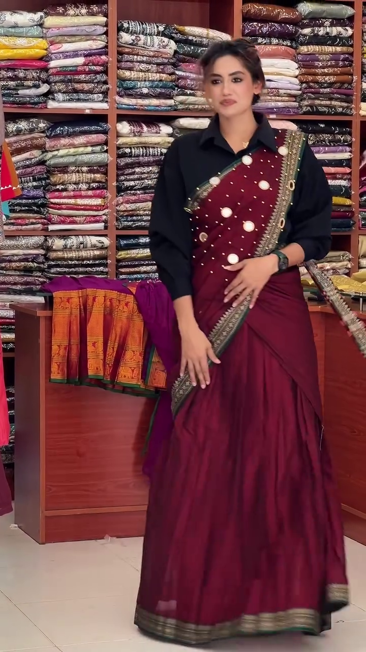 Premium Wine Red Designer Saree with Elegant Golden-Green Border, Intricate Traditional Embellishments, Statement Pallu Detailing & Graceful Festive Draping for Women ✨🌹