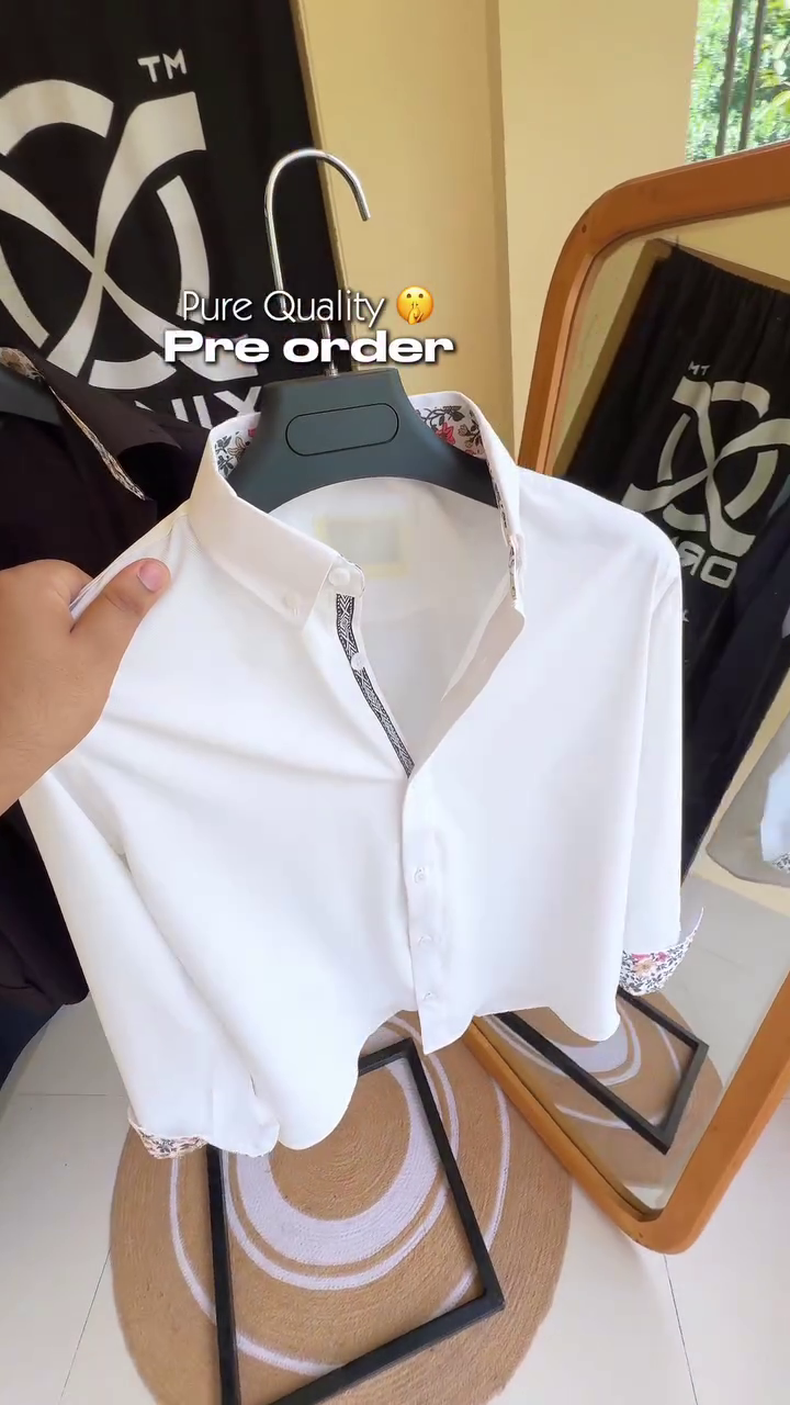 Premium White Designer Casual Shirt with Elegant Mandarin-Inspired Collar, Minimal Front Detailing, Stylish Cuff Accents, Clean Tailored Silhouette & Contemporary Formal-Casual Appeal 🤍✨