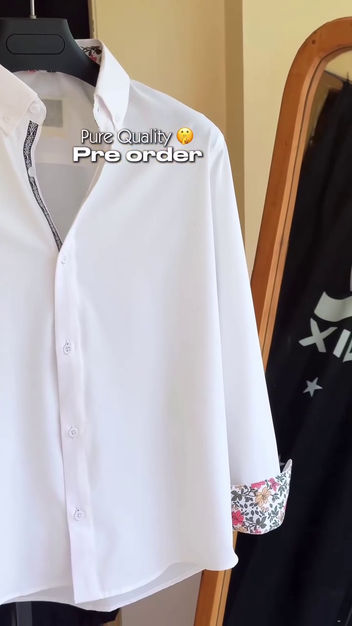Premium White Designer Casual Shirt with Elegant Mandarin-Inspired Collar, Minimal Front Detailing, Stylish Cuff Accents, Clean Tailored Silhouette & Contemporary Formal-Casual Appeal 🤍✨