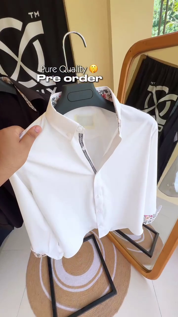 Premium White Designer Casual Shirt with Elegant Mandarin-Inspired Collar, Minimal Front Detailing, Stylish Cuff Accents, Clean Tailored Silhouette & Contemporary Formal-Casual Appeal 🤍✨