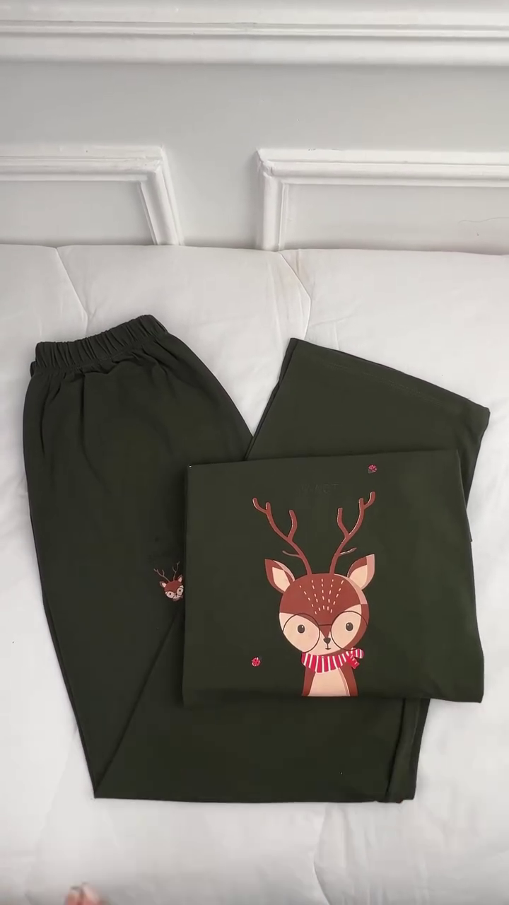 Premium Sage Green Cute Deer Printed Comfortable Night Suit Set with Matching Top & Relaxed Pajama Bottom, Adorable Graphic Detailing & Soft Everyday Loungewear Design for Women & Girls 🦌💚✨