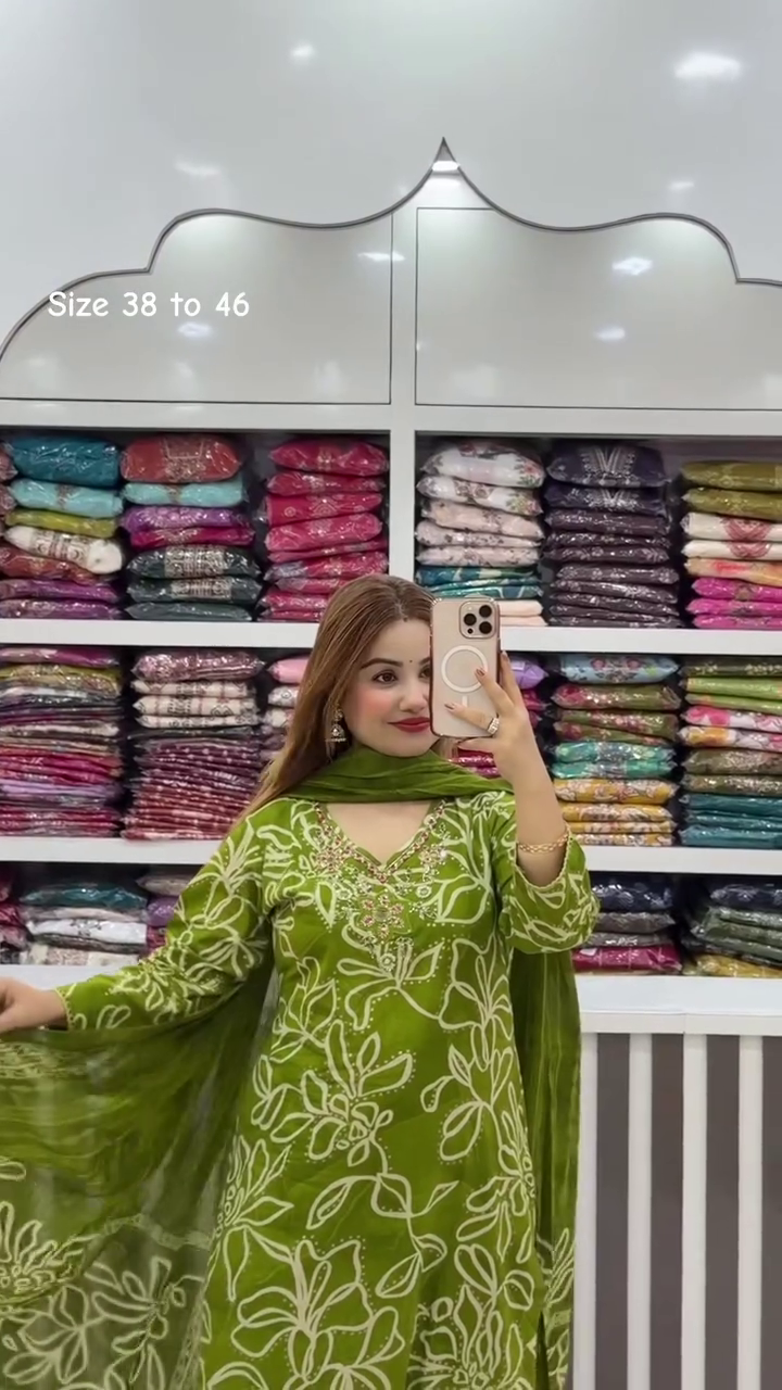 Elegant Olive Green Floral Printed Kurta Pant & Matching Dupatta Suit Set for Women | Graceful Ethnic Three-Piece Traditional Outfit | Stylish Festive & Everyday Indian Wear