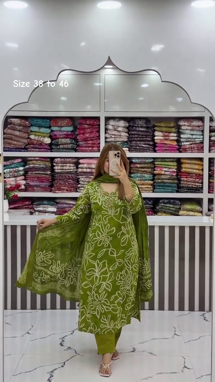 Elegant Olive Green Floral Printed Kurta Pant & Matching Dupatta Suit Set for Women | Graceful Ethnic Three-Piece Traditional Outfit | Stylish Festive & Everyday Indian Wear