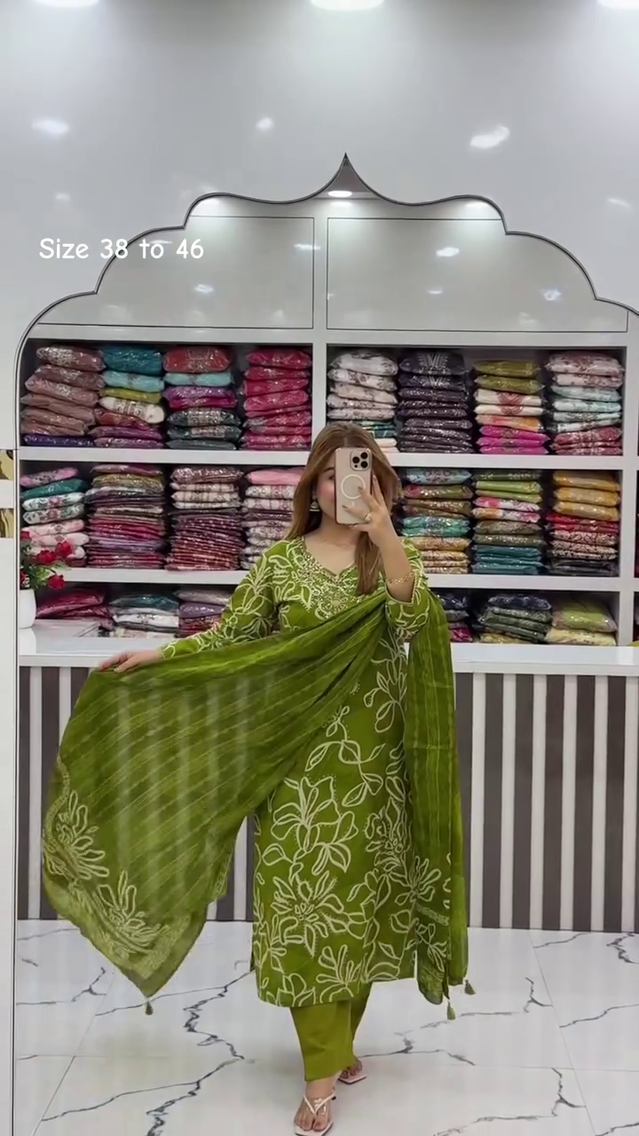 Elegant Olive Green Floral Printed Kurta Pant & Matching Dupatta Suit Set for Women | Graceful Ethnic Three-Piece Traditional Outfit | Stylish Festive & Everyday Indian Wear