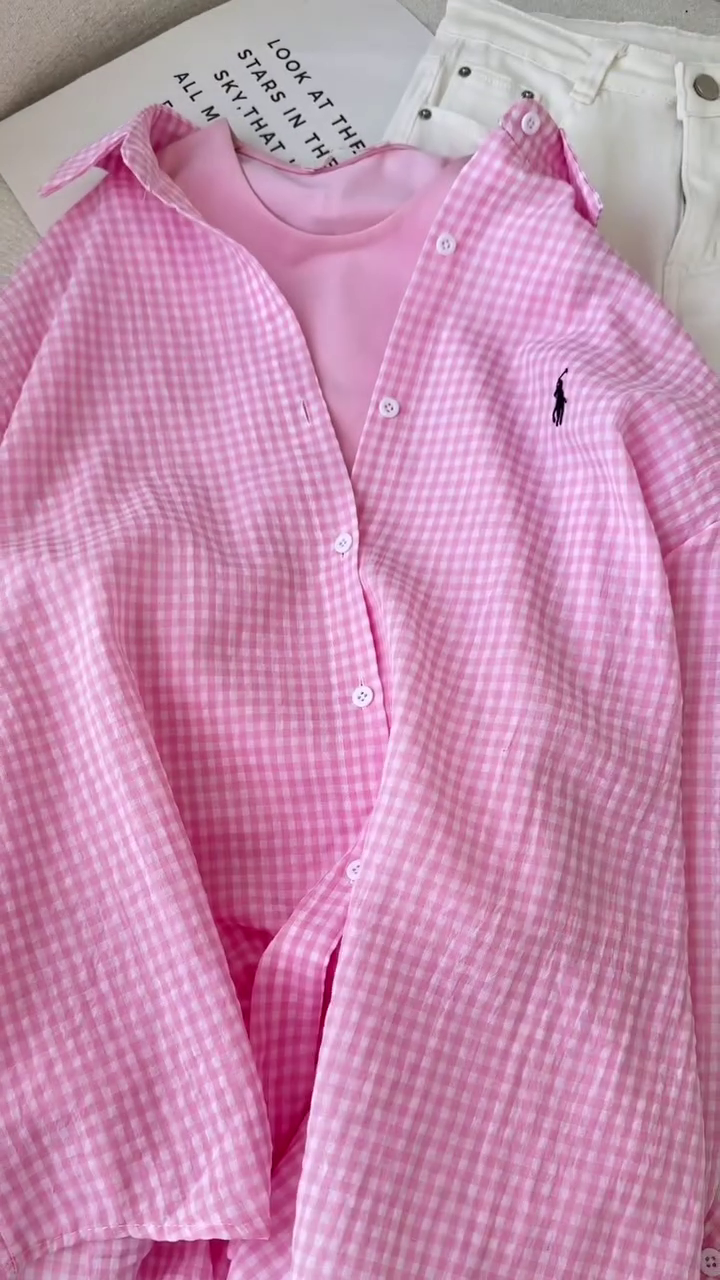 Women’s Premium Pink Gingham Checkered Full-Sleeve Shirt with Soft Inner Top & Classic White Denim Jeans Stylish Casual Co-Ord Outfit Set 👚🤍✨