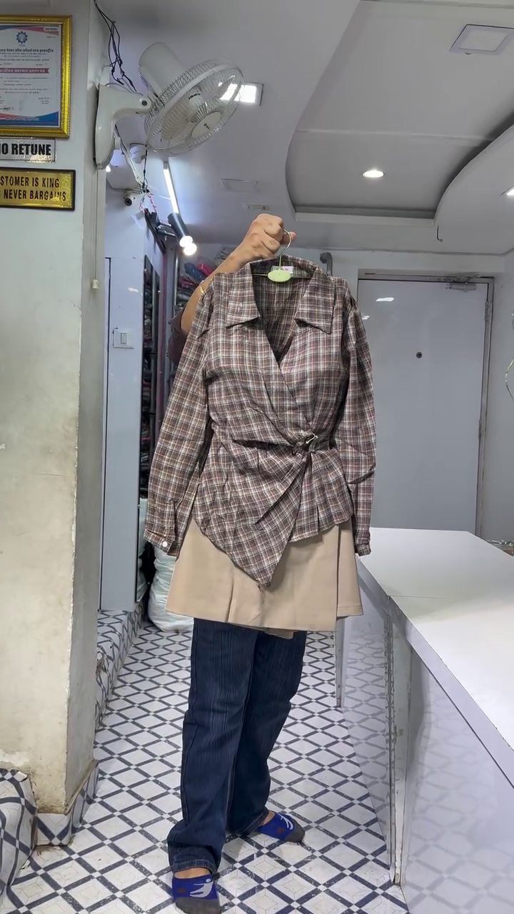 🤍 Women’s Black & White Plaid Wrap-Front Long-Sleeve Tunic Dress with Waist Tie, Tailored Collar and Contrast Cream Hem Panel