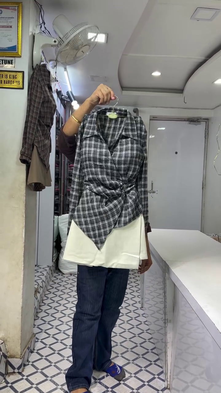 🤍 Women’s Black & White Plaid Wrap-Front Long-Sleeve Tunic Dress with Waist Tie, Tailored Collar and Contrast Cream Hem Panel