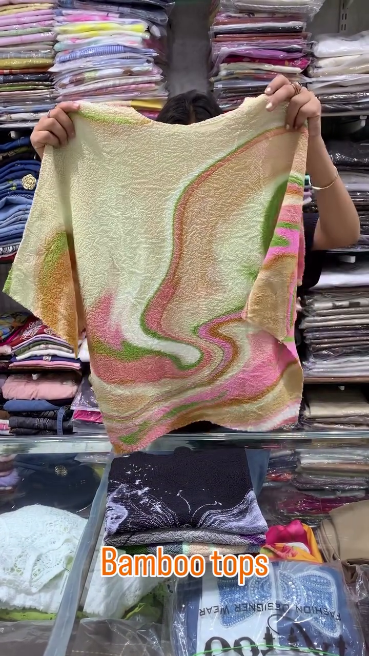 🌷💚  Women’s Pastel Cream Textured Abstract Swirl Print Short-Sleeve Relaxed-Fit Bamboo Fabric Casual Top with Multicolor Artistic Pattern