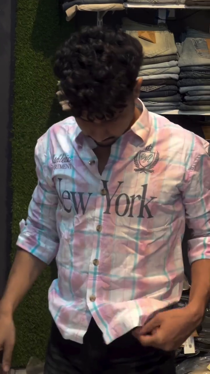 🧡💙  Men’s Multicolor Pink Orange Blue Plaid Button-Front Casual Shirt with Bold Front Typography and Fold-Up Sleeve Styling
