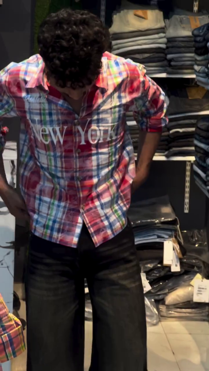 🧡💙  Men’s Multicolor Pink Orange Blue Plaid Button-Front Casual Shirt with Bold Front Typography and Fold-Up Sleeve Styling