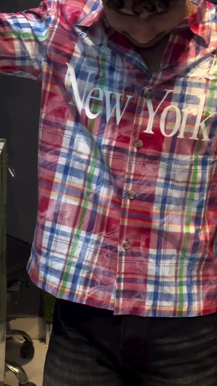 🧡💙  Men’s Multicolor Pink Orange Blue Plaid Button-Front Casual Shirt with Bold Front Typography and Fold-Up Sleeve Styling